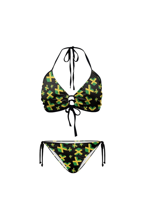 Jamaican Flag Heart Print Halter Bikini Set Two Piece Triangle Swimsuit for Beach Vacation Pool Party Sexy Tie Side Bathing Suit for Women