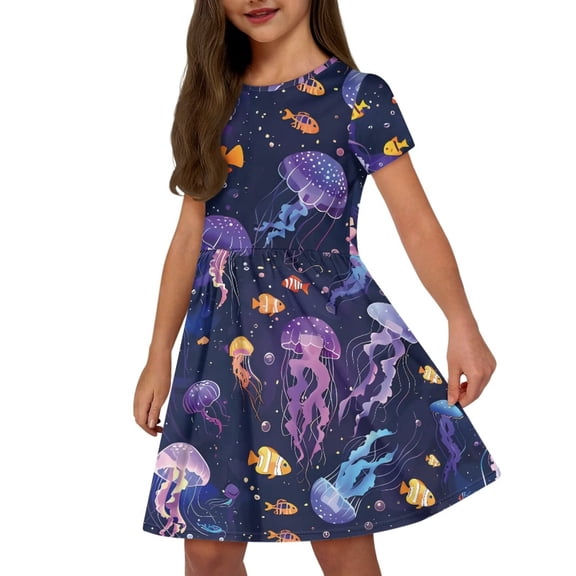Uourmeti Jellyfish Summer Dresses 2-14Y Girls Short Sleeve Swing Dress Casual Loose Crew Neck Midi with Pockets Lightweight Soft Beach Dresses