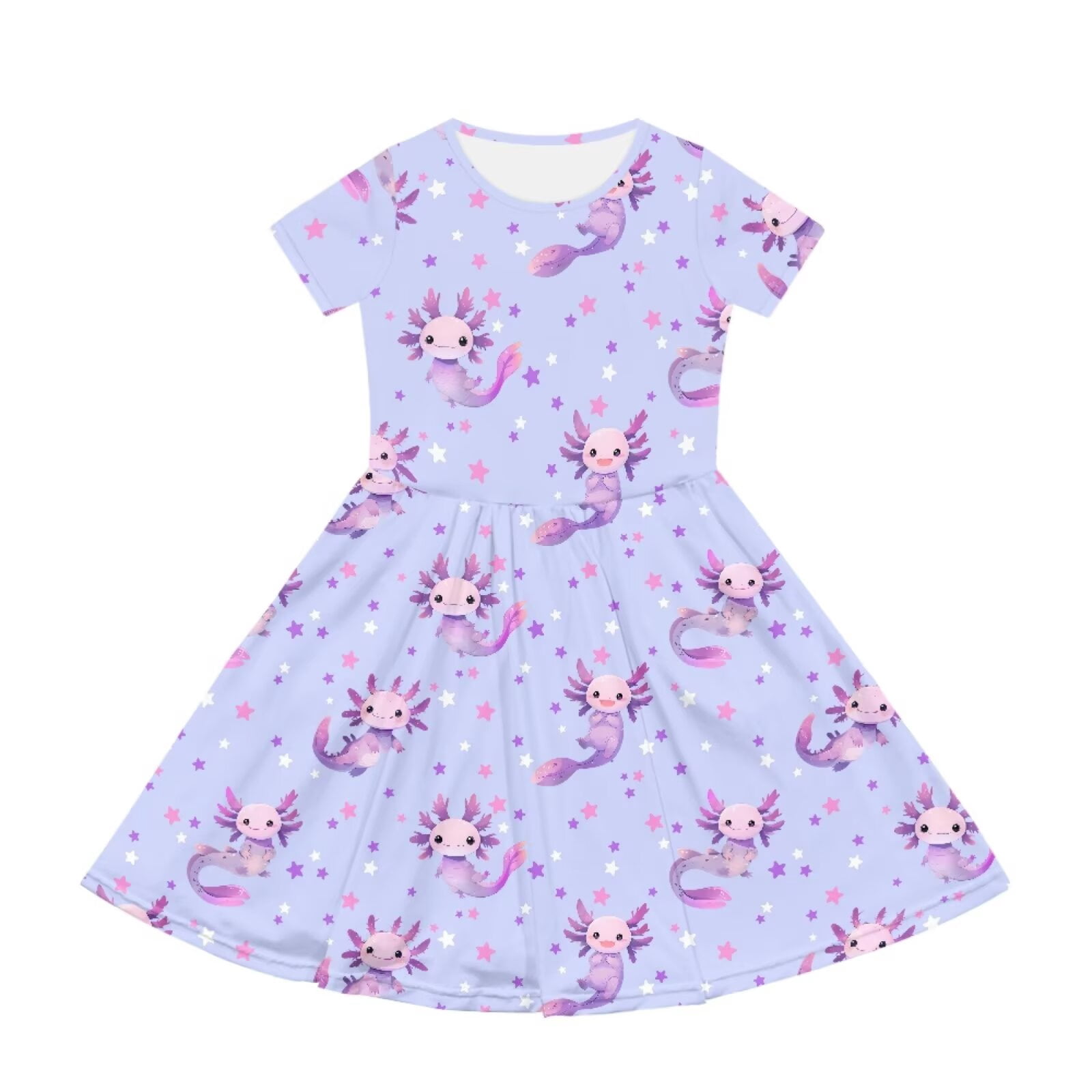 Uourmeti Kids Axolotl Short Sleeve Dresses for Girls 12-14 Cute Round Neck Knee Length Dress School Swing Dresses with Pockets
