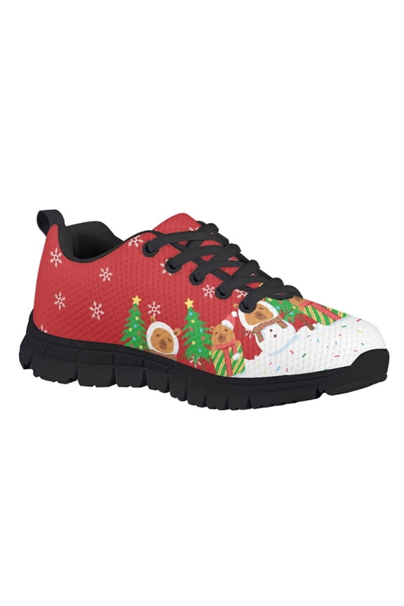 Kids Christmas Sneakers Size 3 Boys Girls Knitted Mesh Sneakers with Snowman Capybara Print Athletic Sports Shoes Lightweight Slip on Trainer
