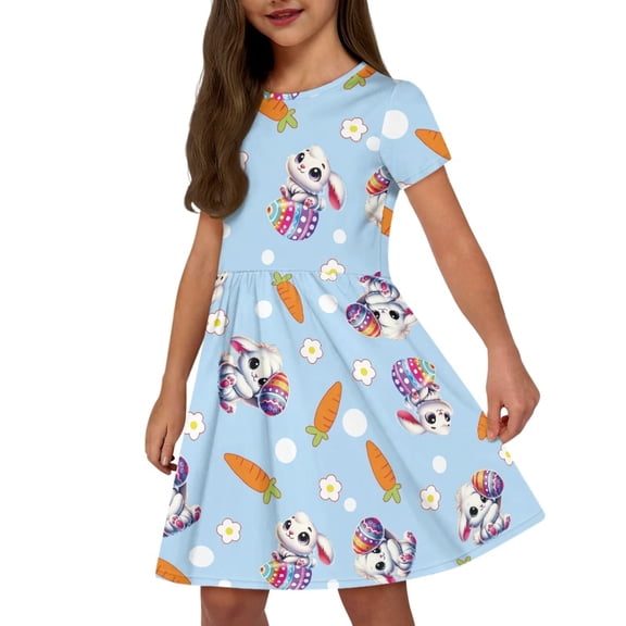 Uourmeti Kids Easter Swing Dresses for Girls 7-8 Cute Bunny O Neck Knee A-Line Dress Colorful Egg Print Soft Beach Dresses Holiday Party Dress with Pockets