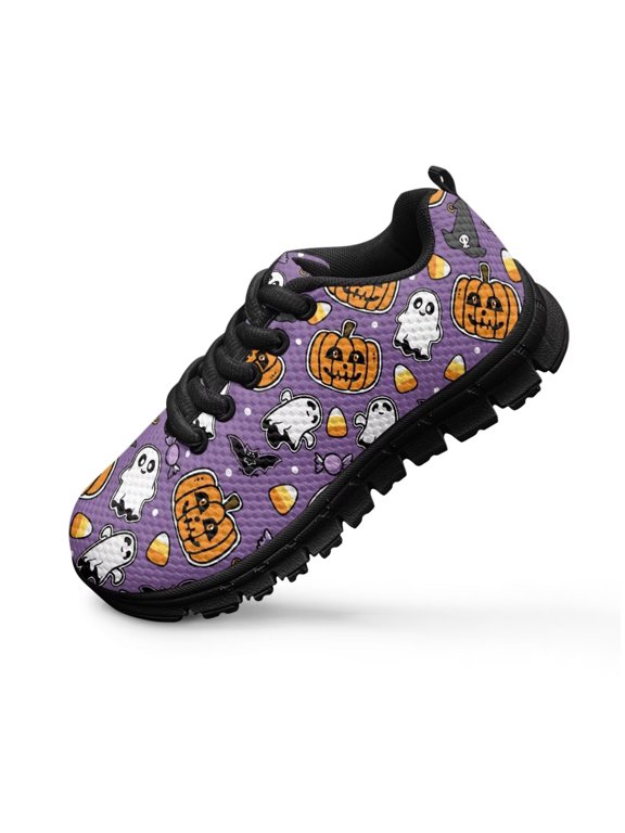 Kids Halloween Shoes Girls Boys Ghost Pumpkin Bat Running Shoes Size 4 Lace Up Outdoor Hiking Tennis Sneaker