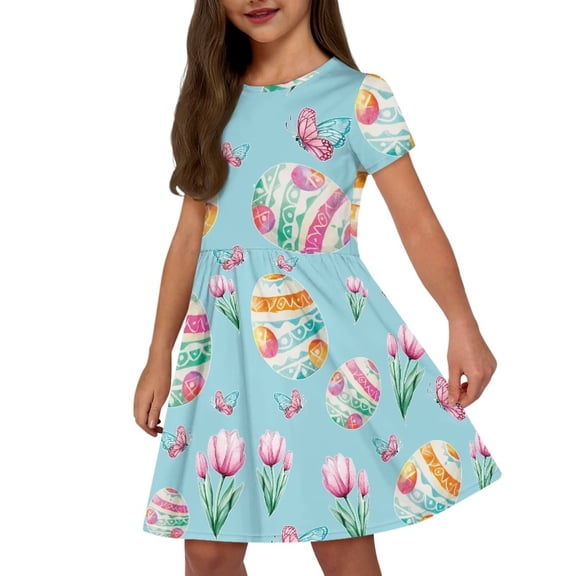 Uourmeti Kids Short Sleeve Dress for Easter 5-6Y Girls Colorful Egg Print Swing Dresses Flower Casual Crew Neck Knee Length A-Line Dress Beach Dresses with Pockets