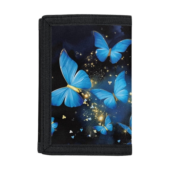 Uourmeti Kids Trifold Wallet Glowing Blue Butterfly Print Foldable Children's Wallet for Sports, Elastic Polyester Lightweight Trifold Card Wallet