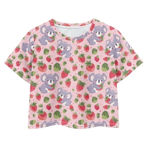 Uourmeti Koala Cute Crop Tops Kids Summer Short T-Shirt Strawberries Lightweight Loose Round Neck Pullover Casual Sweatshirt for Girls