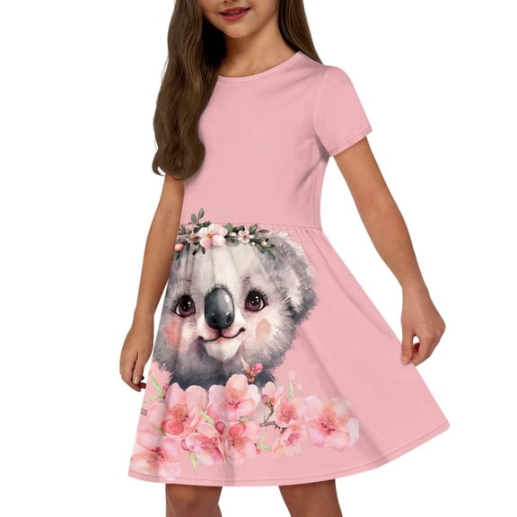 Uourmeti Koala Summer Short Sleeve Dress Kids Cute Swing Dresses with Pockets Cherry Blossom Casual Loose Crew Neck Mid-Length Dress for Girls 7-8 Years Old