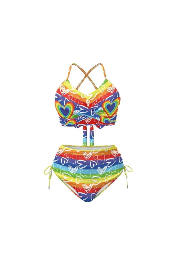 LGBT Love Rainbow Flag Tankini Swimsuits for Women Two Piece High Waist Bikini Set Tummy Control Push Up Swimsuits Top Ruched Ruffle Bottoms Drawstring Side Tie Summer Beach Swimwear