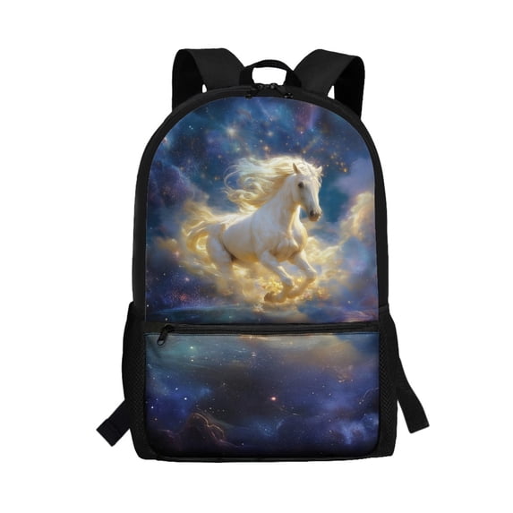 Uourmeti Large Capacity 17 Inch Backpack for Travel Shopping, Spacious Interior Smooth Zipper Front Pocket School Backpack, Celestial White Horse Print