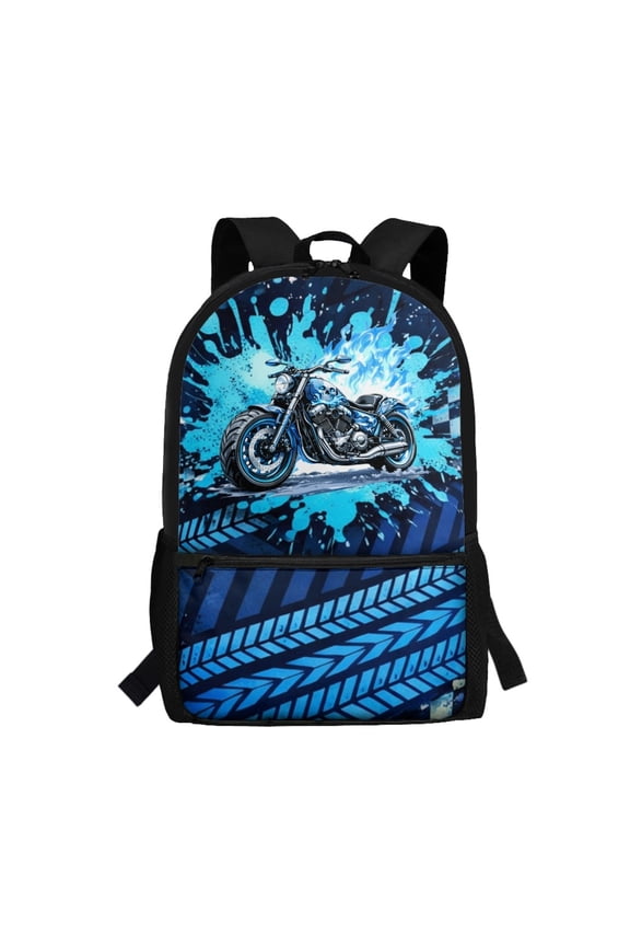 Large Capacity 17 Inch School Backpack for Travel Work, Stylish Side Pockets Personalized Student Bookbag, Blue Motorcycle Racing