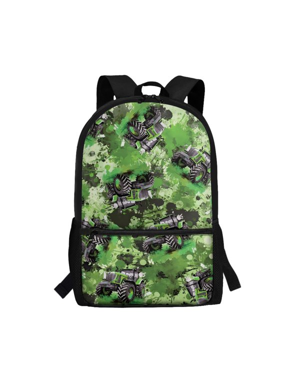 Large Capacity Backpack for Outdoor Travel, 17 Inch Soft School Backpack, Green Tractor Paint Pattern