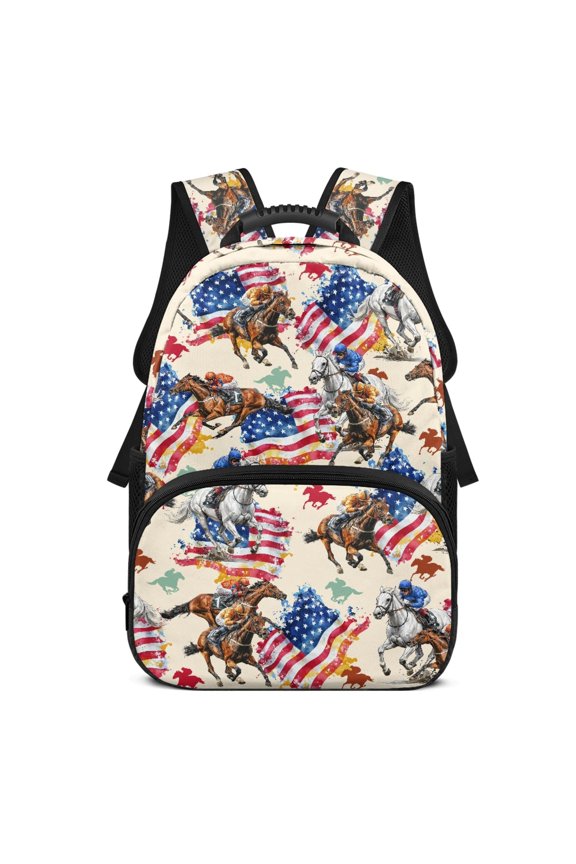 Large Capacity Backpack for School Hiking, Polyester Front Zipper School Backpack, Horse Racing Flag Print