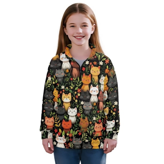 Uourmeti Leaf Cute Cats Print Oversize Hoodies Quarter Zip Up Sweatshirt Pullover Sweatshirts Plus Size Tunic Tops Style Loose Comfy Casual Size 9-10