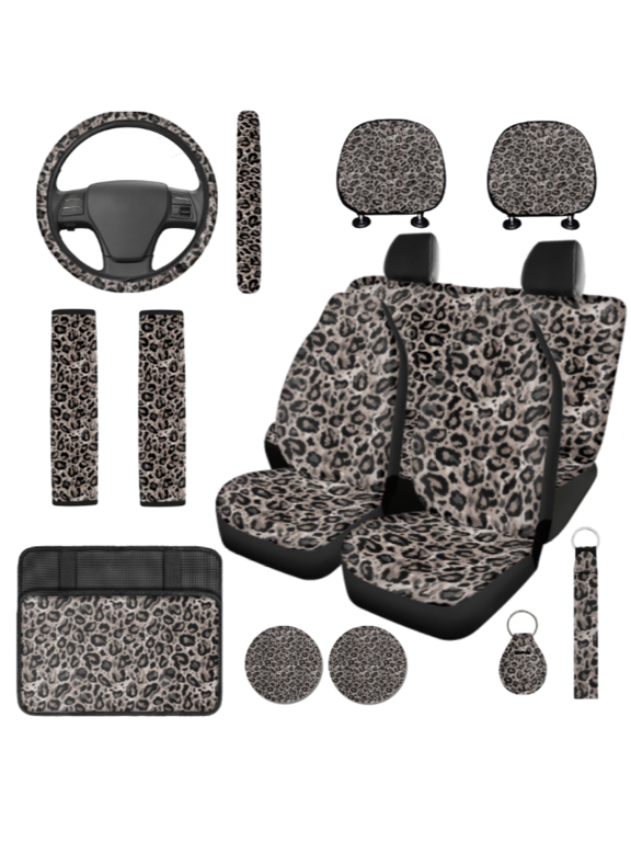 Leopard Print Pattern Car Seat Cover Set, with Car Armrest Protective Cover Car Headrest Protectors, Skin Friendly Suitable for Cars Vans
