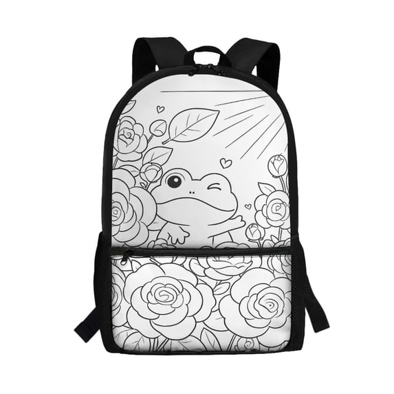 Uourmeti Lightweight 17 Inch School Bag for Travel Outdoor, Large Capacity Smooth Zipper Easy To Carry Backpack, Frog Rose Line Design