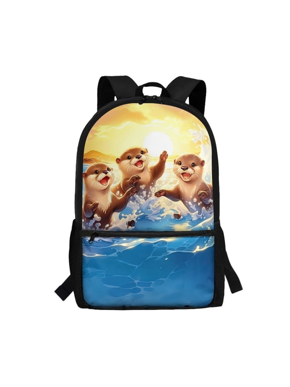 Lightweight Backpack for Travel Daily Use, 17 Inch Fade Resistant School Backpack, Playful Otter Sunset Beach Scene Print