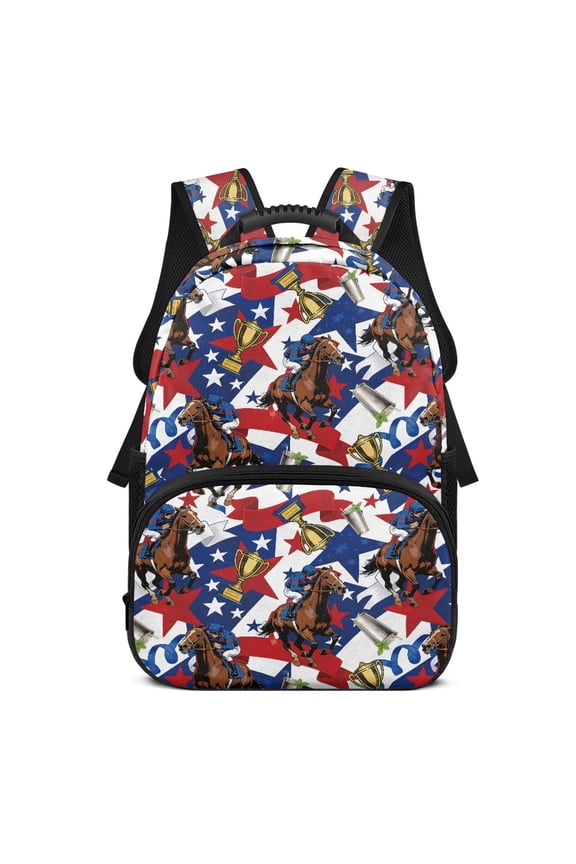 Lightweight Bookbag for School Travel, Polyester Waterproof School Backpack, Horse Racing Pattern