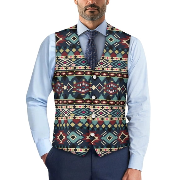 Uourmeti Lightweight Tuxedo Vests for Casual Formal, Woven Fabric Slim Fit Men's Formal Suit Vest, Southwestern Geometric Pattern