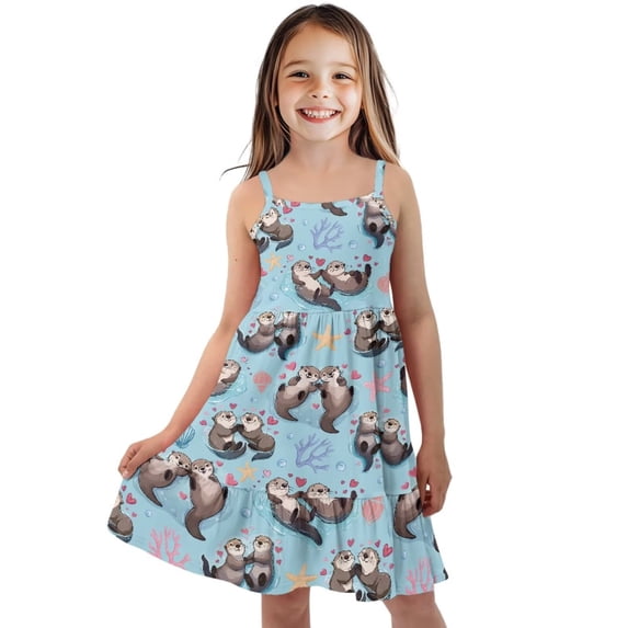 Uourmeti Little Girls Dress Summer Sleeveless Dresses for Girls Blue Otter Print Cami Sundress Kids Cartoon Clothes A Line Causal Midi Tank Swing,3-14tYears