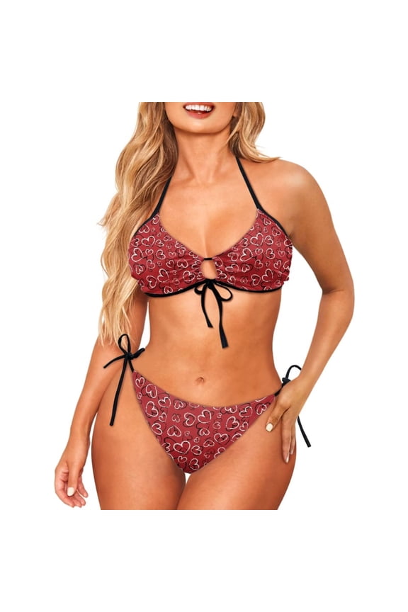Love Heart Red Bikini Set 2 Piece Swimsuit for Women Adjustable Strap Swimsuit String Bathing Suit Sexy Triangle Halter Top with Low Rise Bottom
