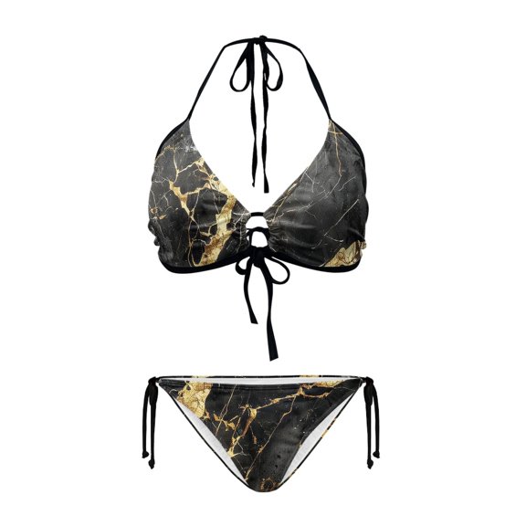 Uourmeti Luxury Black & Gold Marble Halter Triangle Bikini Set - Sexy Two Piece Tie Side Bathing Suit for Beach & Pool Vacations