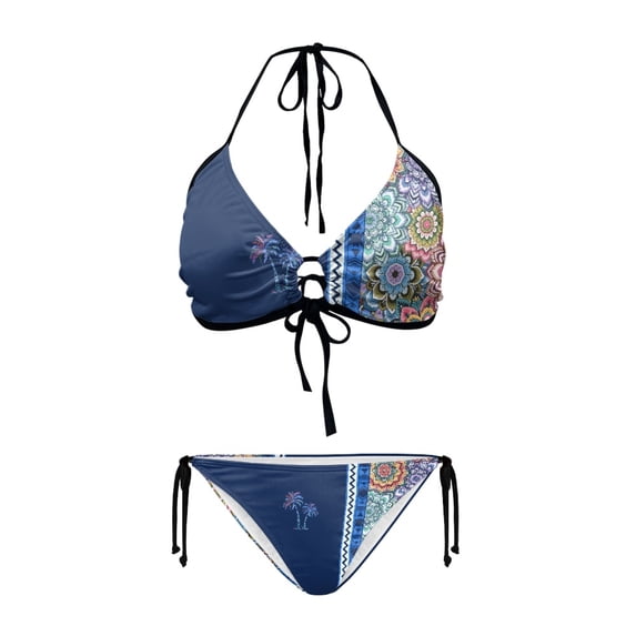Uourmeti Mandala Palm Tree Halter Bikini Set - Two Piece Triangle Swimsuit with Tie Side Bottoms for Beach Vacation & Pool Party