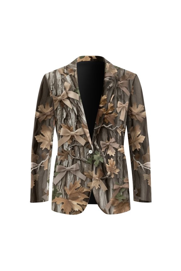 Maple Leaf Bow Print One Button Formal Coat, Regular Fit Polyester Men's Suit for Summer Work Wear and Groom Events