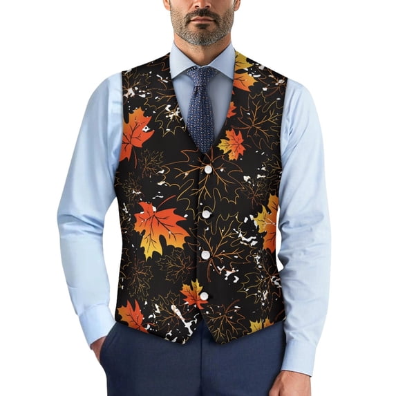 Uourmeti Maple Leaf Formal Wedding Vests for Business Prom, Slim Fit Waistcoat Vest Button Woven Fabric Mens Vest Formal Waistcoat