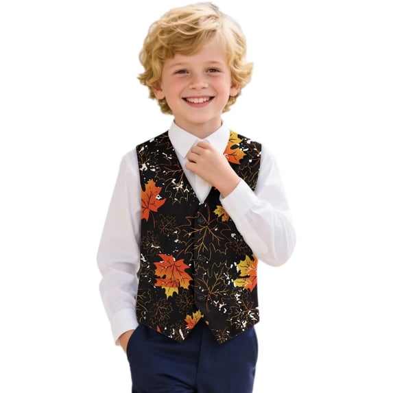 Uourmeti Maple Leaf Polyester Fabric Suit Vest Anti-Shrink Air Permeable Kids Formal Waistcoat for Boys