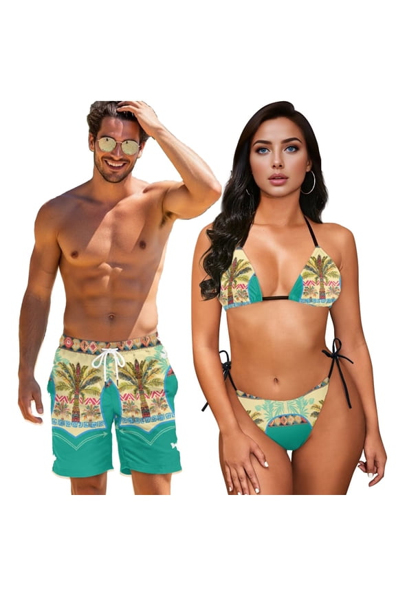 Matching Bathing Suits for Couples Boho Ethnic Palm Print Bathing Suit Men Swim Trunks Quick Dry Womens Bikini Swimsuits Halter String Triangle Two Piece High Cut Bikinis Woman