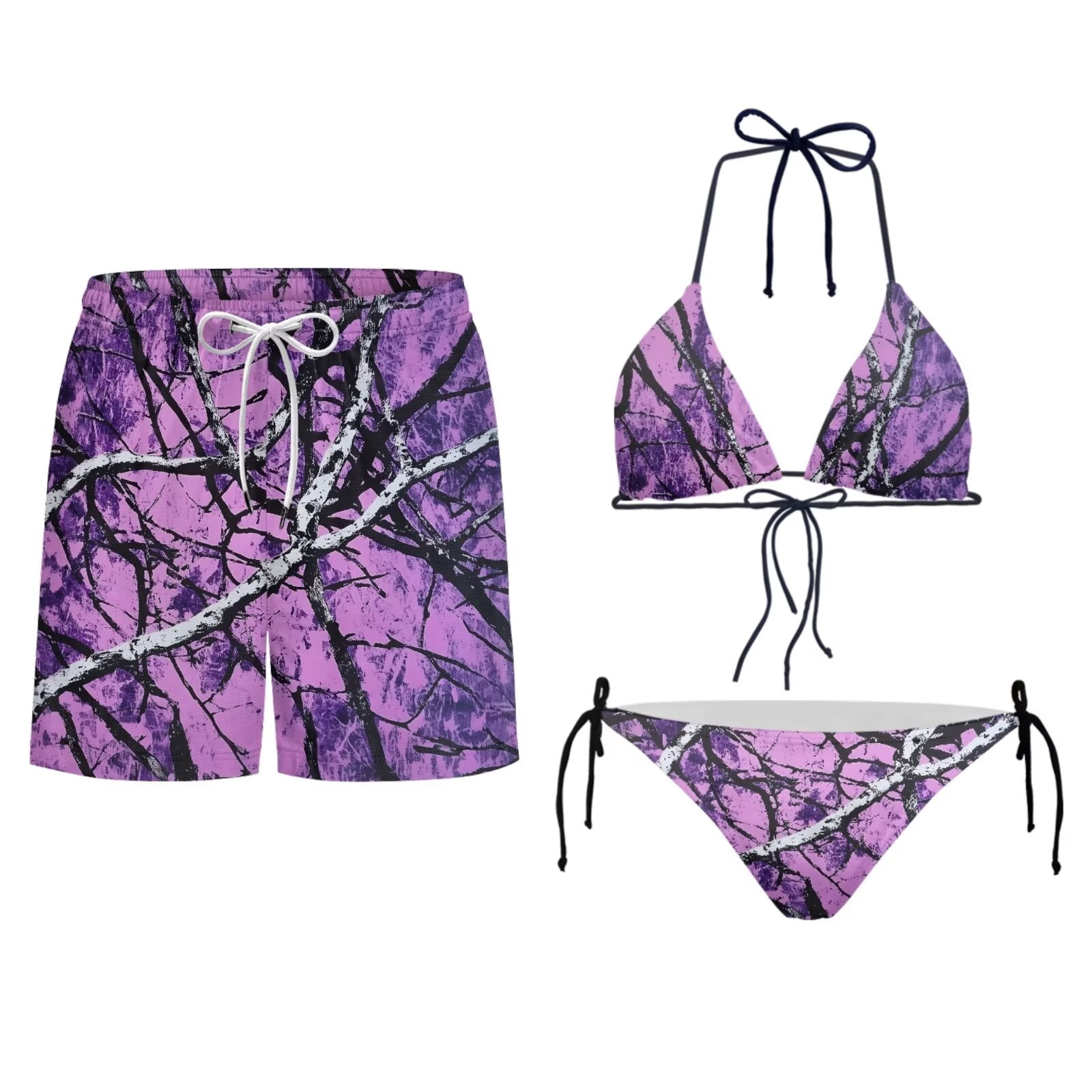 Uourmeti Matching Swimsuits for Couples Camo Hunting Branch Print Swim Trunk Men Swim Shorts Bathing Suit Camouflage Couples Swimwear Matching His and Her for Beach/Party