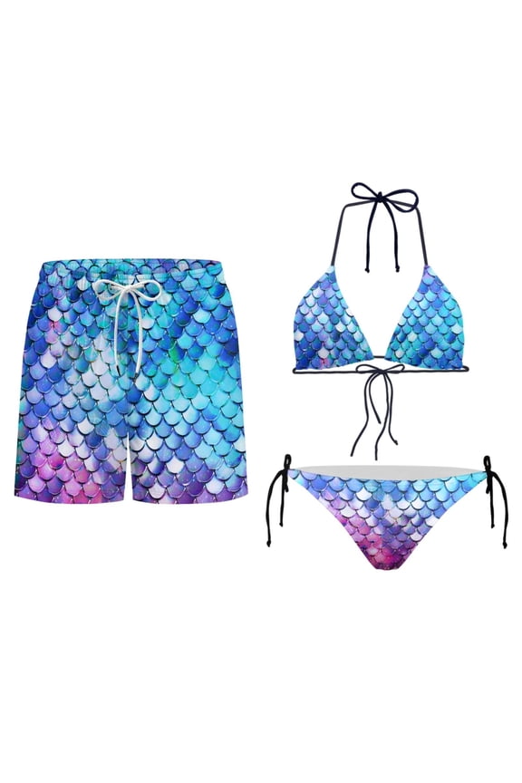 Mermaid Scale Print Matching Swimsuits for Couples Bikini Set for Women Mens Swimming Trunks Couples Bathing Suit Swimwear Summer Beach Bathing Suit