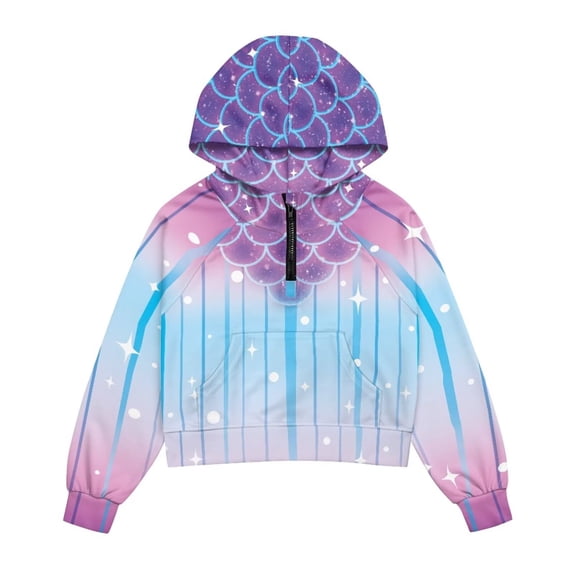 Uourmeti Mermaid Striped Print Girls Long Sleeve Sweatshirt with Pocket Half Zipper Pullover Trendy Comfy Top for Autumn Winter Sports Size 11-12