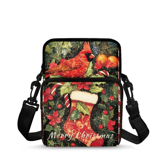 Uourmeti Merry Christmas Crossbody Bag Featuring Cardinal Stocking Decoration , Polyester Zipper Purse for Running Shopping Daily Use