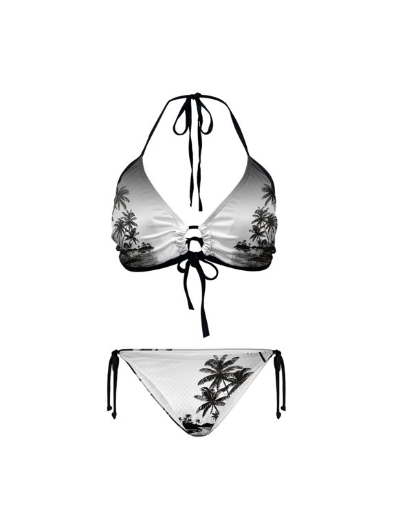 Monochrome Palm Tree Halter Triangle Bikini Set - Sexy Tie Side Two Piece Swimsuit with Hollow Out Design for Beach Vacation & Pool Party