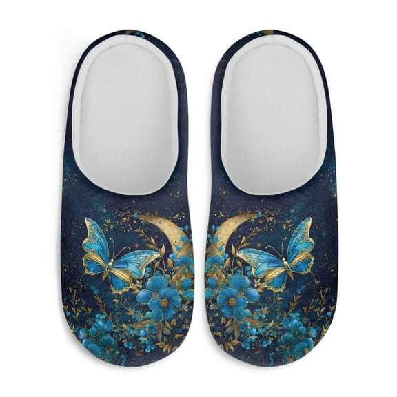 Uourmeti Moon Blue Flower Butterfly Womens' House Shoes Soft Plush Warm Anti-slip Rubber Sole Cozy Comfy Lightweight Indoor Home Gifts Slippers