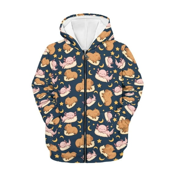 Uourmeti Moon Sleep Capybara Axolotl Hooded Sweatshirt with Pockets Long Sleeve Soft Loose Athletic Sports Jacket for Kids Youth Size 10-12