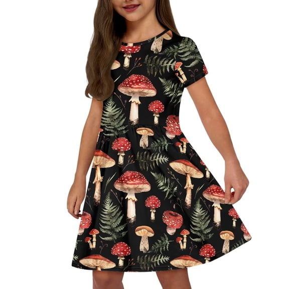 Uourmeti Mushroom Kids Dress for Girls 2-14Y Summer Soft Crew Neck Midi Dresses Trendy Loose Wedding Party Dress with Pockets