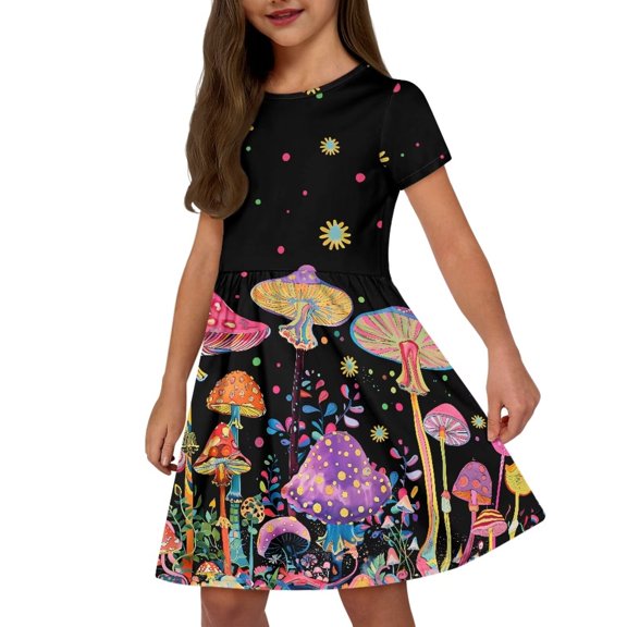 Uourmeti Mushroom Little Girls Short Sleeve Dresses Summer Soft Crewneck Knee Length A-Line School Party Swing Dress with Pockets