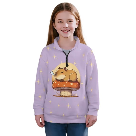 Uourmeti Mushroom Sleep Capybara Print Kids Christmas Hoodies Half Zipper Sweatshirt Pullover Sweatshirts Festive Holiday Wear for Party Celebration Gift Size 9-10