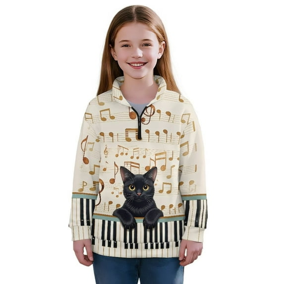 Uourmeti Music Note Black Cat Quarter Zip Up Sweatshirts for Girls Teens Half Zipper Pullover Sweatshirts Soft Lightweight Comfy Casual Fall Winter Size 9-10