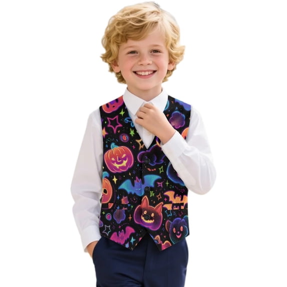 Uourmeti Neon Halloween Pattern Formal Suit Vest Polyester Fabric Adjustable Back Belt Soft Boys Suit Vest for Holiday Party Daily