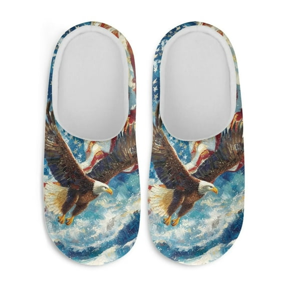 Uourmeti Oil Painting American Flag Eagle Women's Plush Slippers Soft Fuzzy Warm Keep Warm Anti-slip Memory Foam Cozy Comfy Indoor Home Slippers