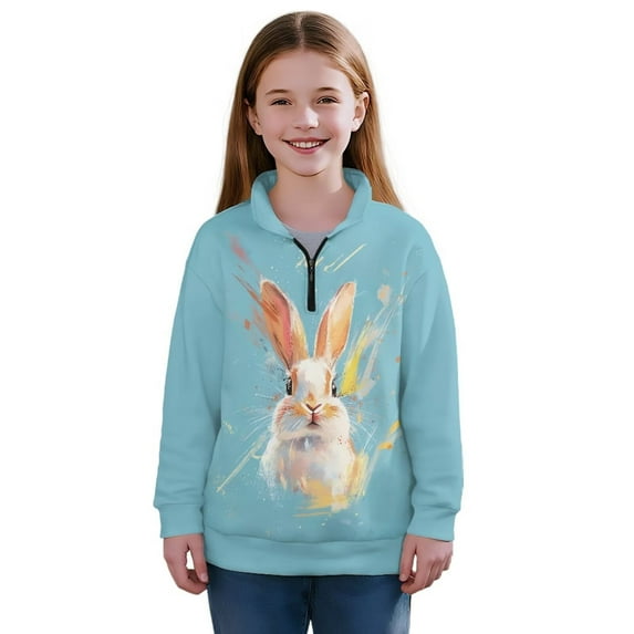 Uourmeti Oil Painting Rabbit Youth Girls Winter Hoodies Half Zip Sweatshirt Pullover Sweatshirts Warm Cozy for Cold Weather Casual Daily Wear Size 9-10