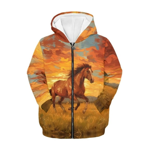 Uourmeti Oil Painting Sunset Horse Comfy Hooded Sweatshirt with Pockets Long Sleeve Loose Casual Pullover for Youth Girls Size 6-9