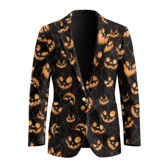 Uourmeti One-Button Versatile Blazer, Smiling Pumpkin Design Polyester Regular Fit Blazer Jackets for Prom Casual