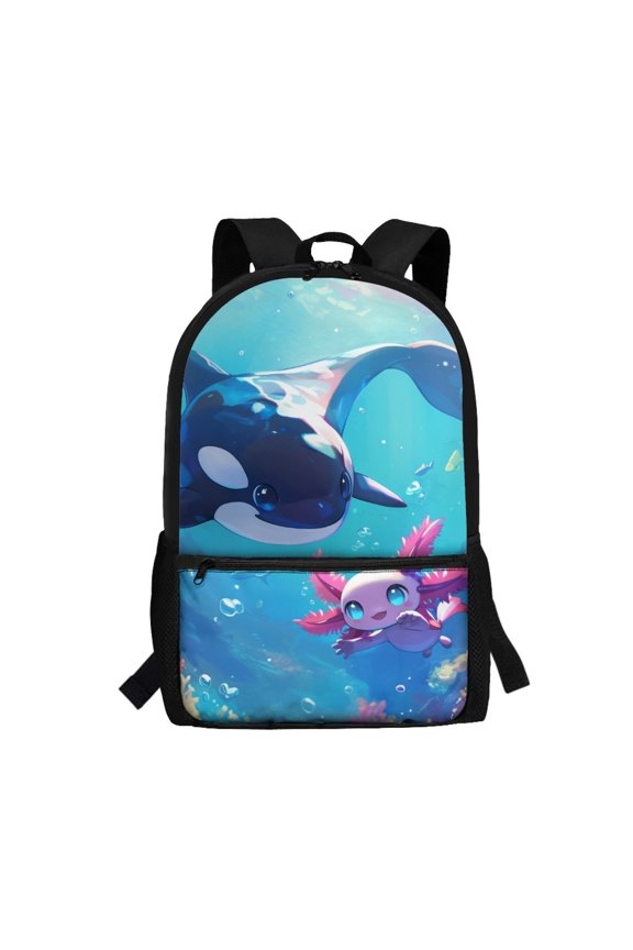 Orca Axolotl Print Large Capacity Backpack, 17 Inch Side Pockets School Backpack Durable Polyester Backpack for Students