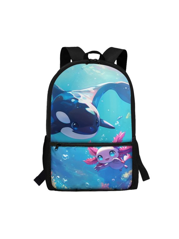 Orca Axolotl Print Large Capacity Backpack, 17 Inch Side Pockets School Backpack Durable Polyester Backpack for Students