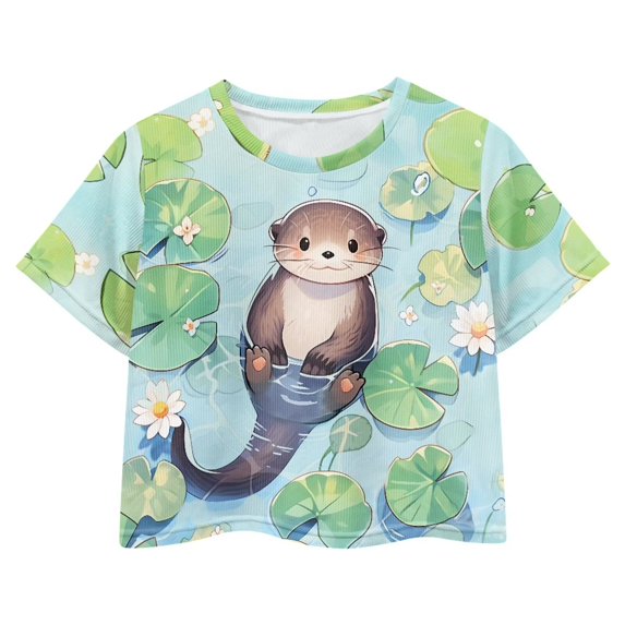 Uourmeti Otter Cute Crop Top for Girls 5-6Y Summer Short T-Shirt Lightweight Soft Crewneck Pullover Casual Sweatshirt