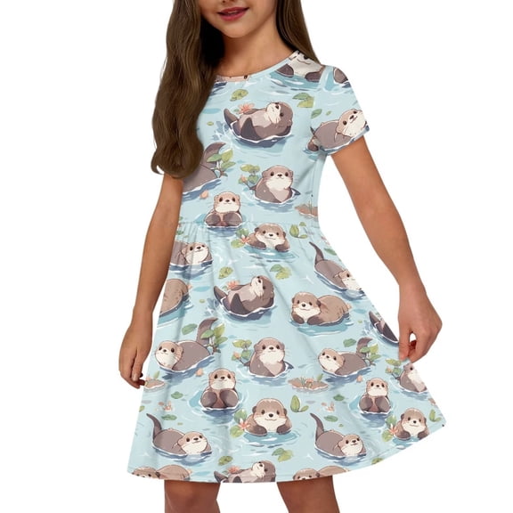 Uourmeti Otter Kids Short Sleeve Dress 13-14YGirls Cute Swing Dresses Summer Soft Crewneck Knee Length A-Line Dress Casual Beach Dresses with Pockets