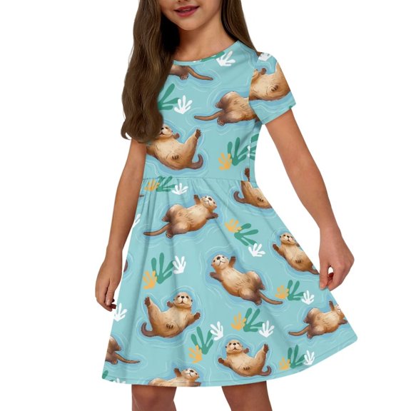 Uourmeti Otter Summer Dresses for Girls 9-10Y Cute Short Sleeve Swing Dress Lightweight Soft Crew Neck Knee Length A-Line Dresses Casual Beach Dress with Pockets
